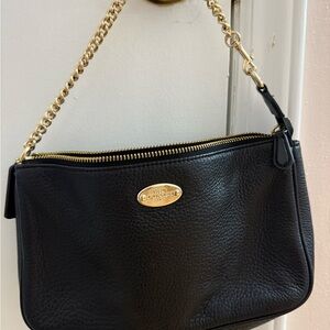 Coach Black Leather Wristlet with Gold Chain